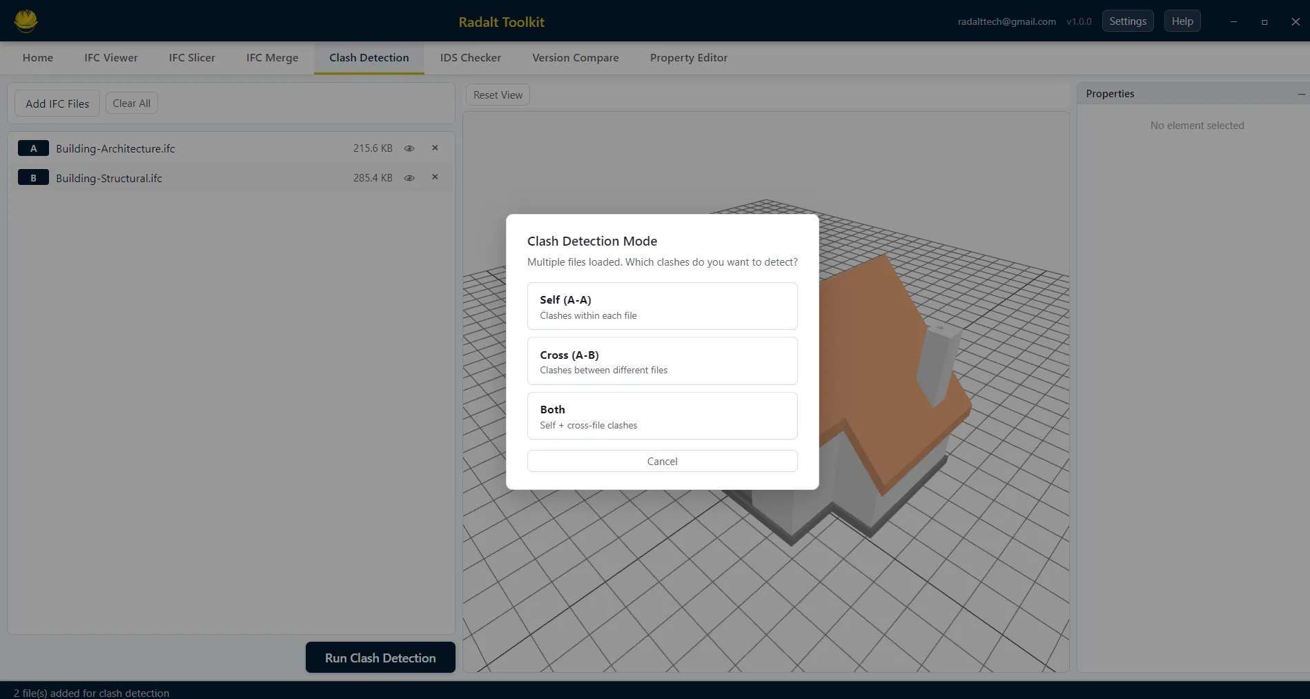Clash Detection — mode selection for self, cross-file, or both