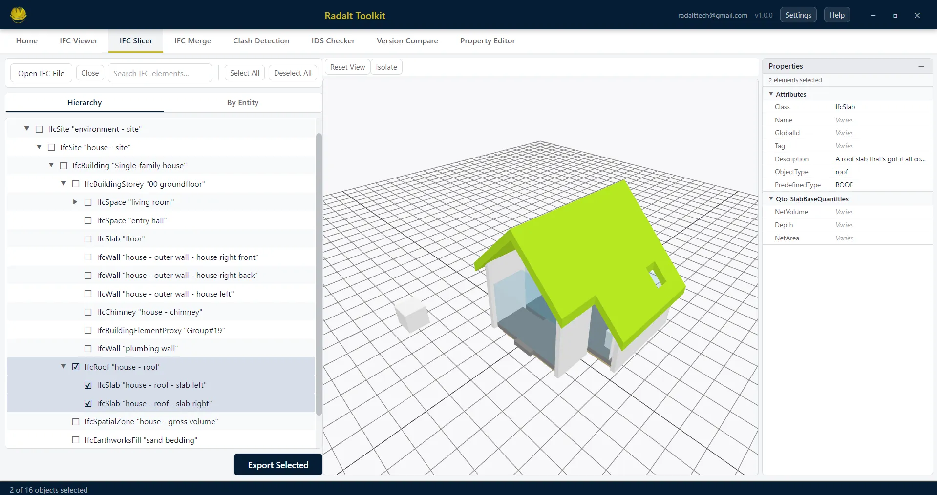 IFC Slicer — element tree, 3D viewer, and properties panel
