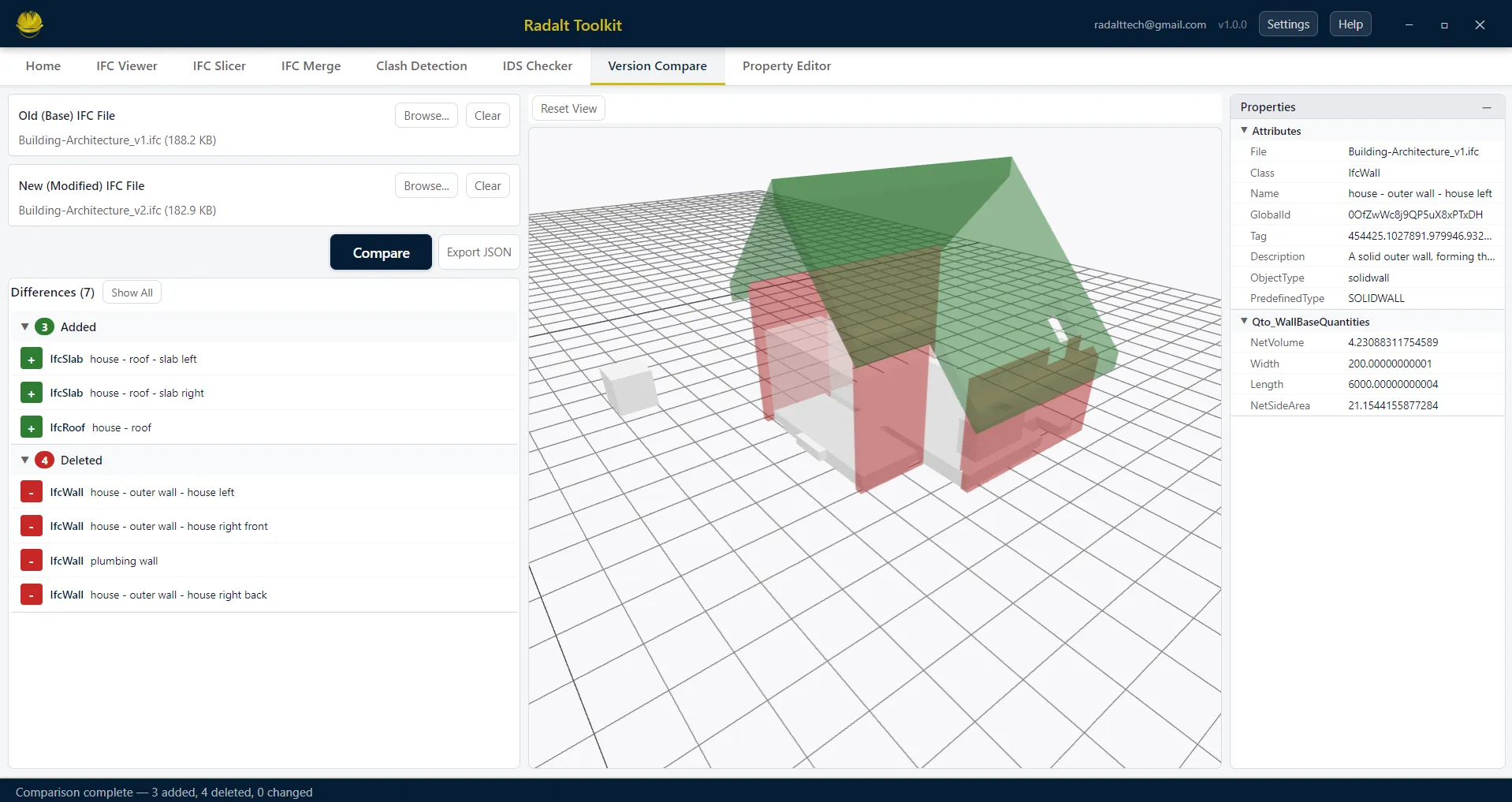 Version Comparison — differences list with 3D highlight of changed elements